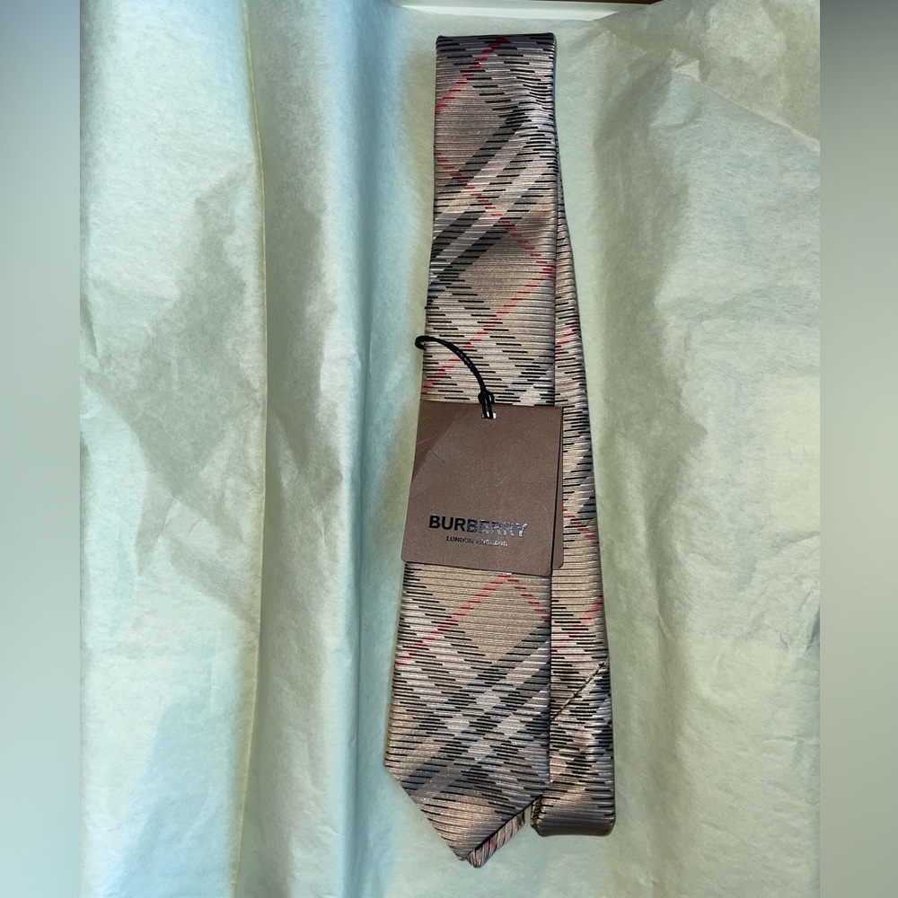 Burberry Beige and Red Checkered Silk Tie